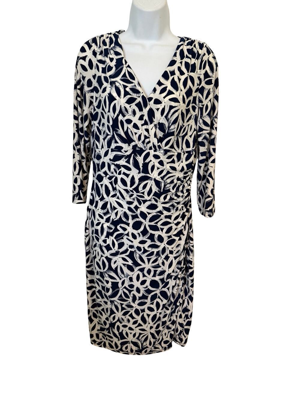 Lauren Ralph Lauren Faux Wrap Dress Navy Ivory Print 3/4 Sleeves